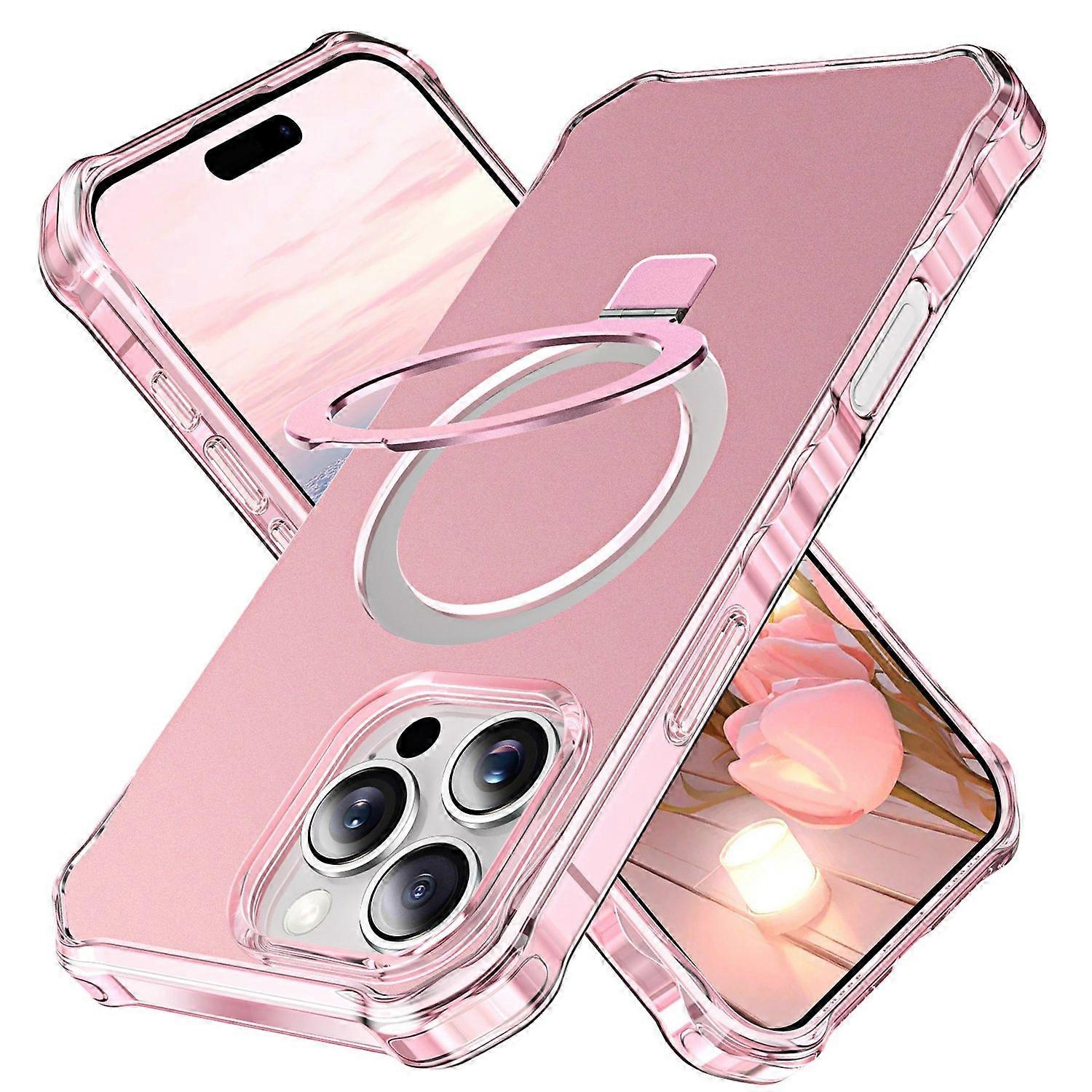 For Apple iPhone 16 Pro Solid Color Wave Design MagSafe Ring Holder Case Pink