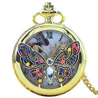 Butterfly Rhinestone Pocket Watch Necklace Gold Quartz Vintage Steampunk Gift