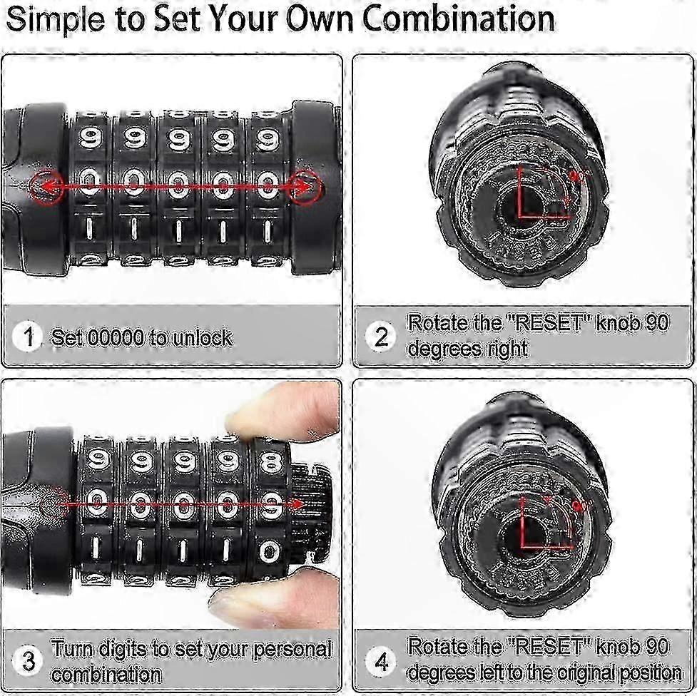 4ft Heavy Duty Bike Combination Lock with 5-Digit Security Code Black