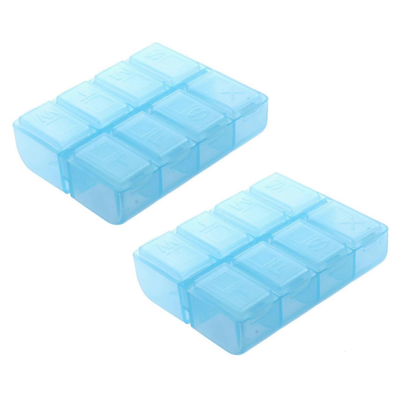 Two weekly pillboxes, seven-day plastic pillboxes, with eight compartments.