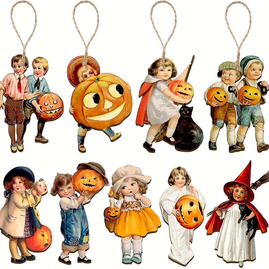 9pcsビンテージハロウィーンの装飾 - 黒猫のカボチャハンギング木製の看板と不気味で魅力的な家の装飾のためのレトロな切り抜き