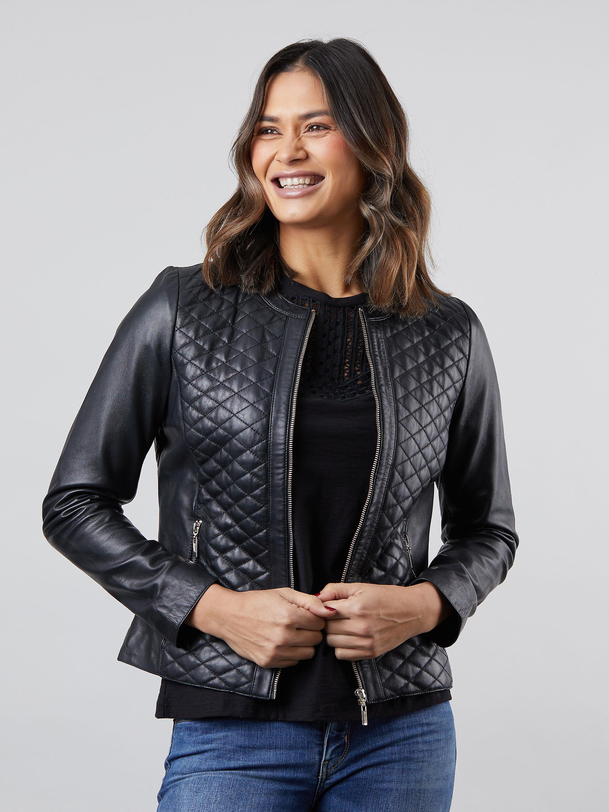 Cheri Quilted Collarless Leather Jacket in Black