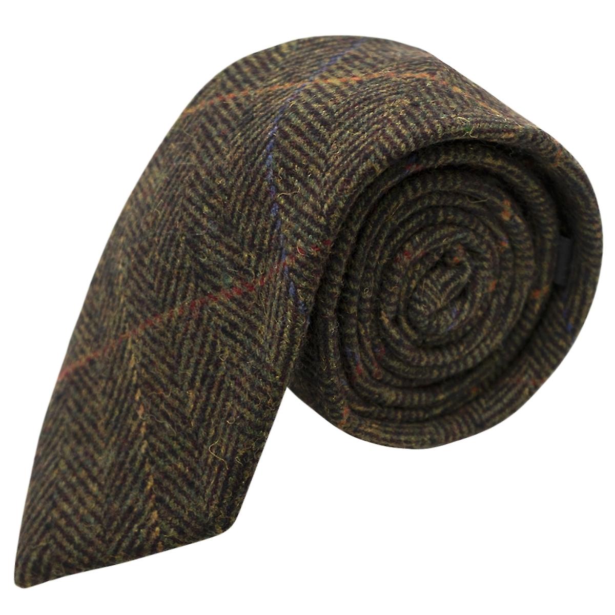 Boys Dark Olive Green Herringbone Check Tie