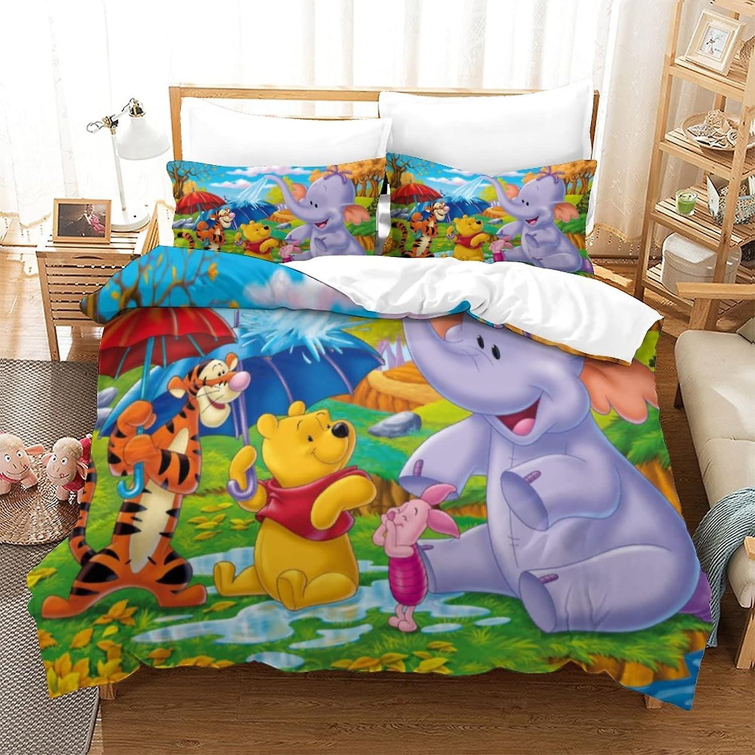 Winnie l’ourson Housse de couette Ensemble de literie Imprimé en 3D Ensemble de 3 pièces avec taie d’oreiller Fermeture à glissière Microfibre douce Convient aux enfants Adolescents Adultes Entretien facile