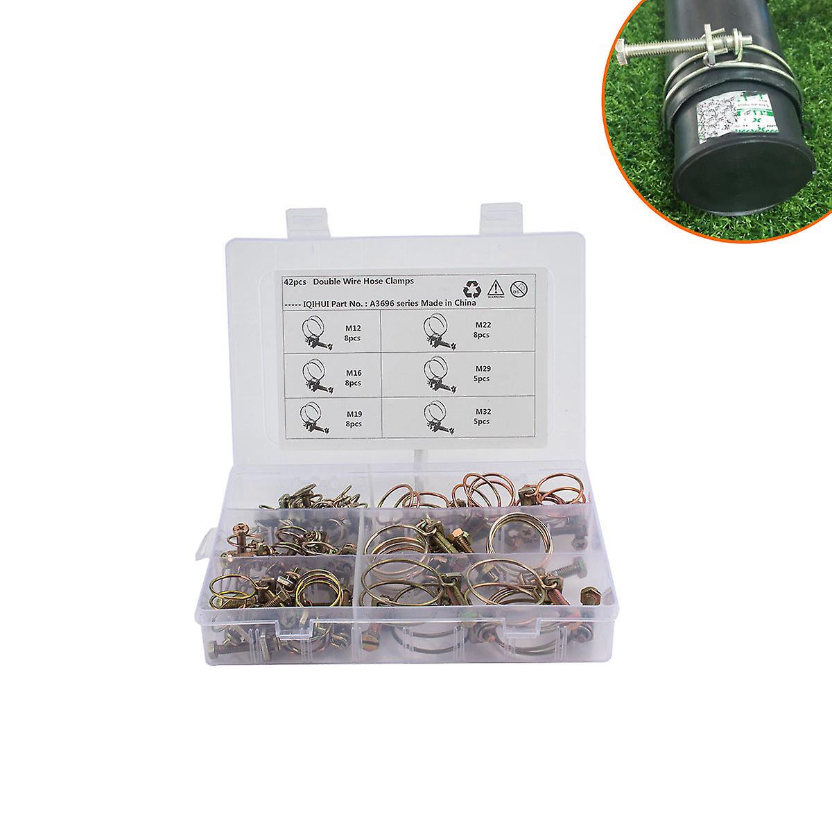 42Pcs Double Iron Wire Hose Clamp Double Wire Circumferential Band Plated Color Zinc Iron Wire Pipe Clamp 6 Specifications