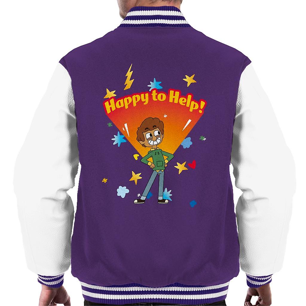 Boy Girl Dog Cat Mouse Cheese Happy To Help Men's Varsity Jacket