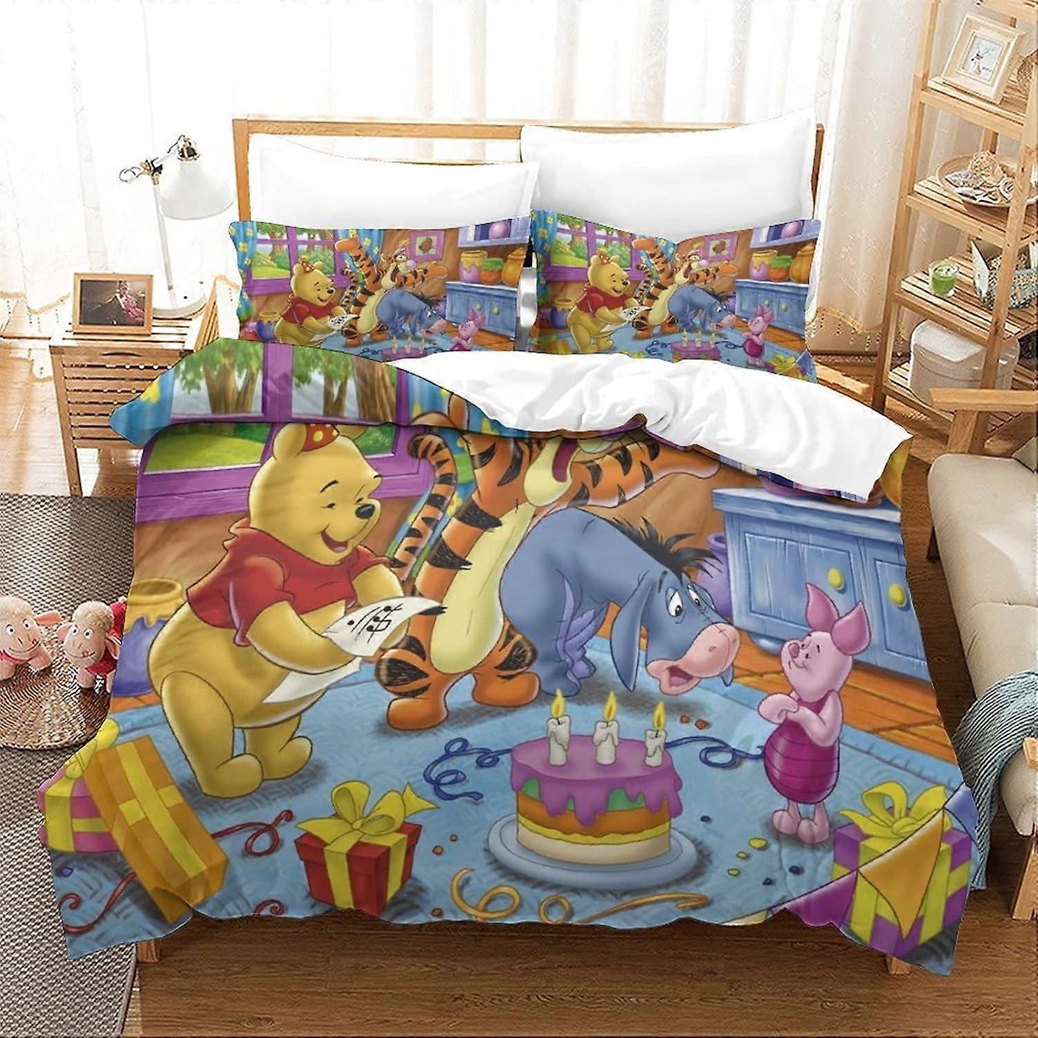 Winnie The Pooh Duvet Cover with Pillowcases Animated Characters Print Bedding with Zipper Closure Soft Microfiber Duvet Cover Single