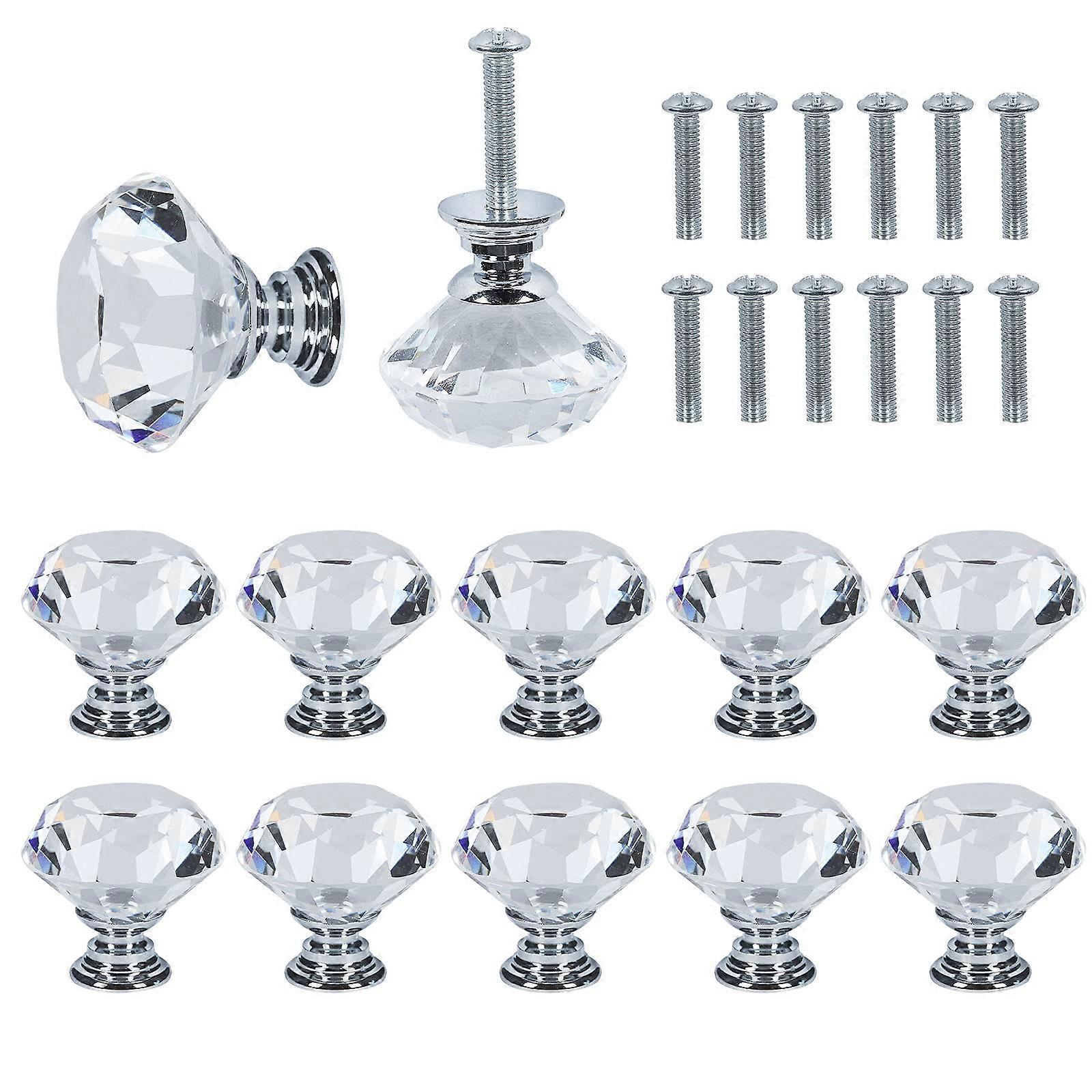 12 Pieces 30mm Crystal Glass Door Drawer Knobs, Clear Diamond Door Knobs and Handles, Single Hole Drawer Knobs