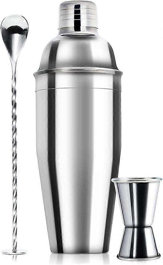 Cocktail Shaker Bar Set - Mixer Drink Shaker and Measuring Jigger & Mixing Spoon Set Professional Stainless Steel Tools Silver 750ml/30ml 15ml/25.5cm