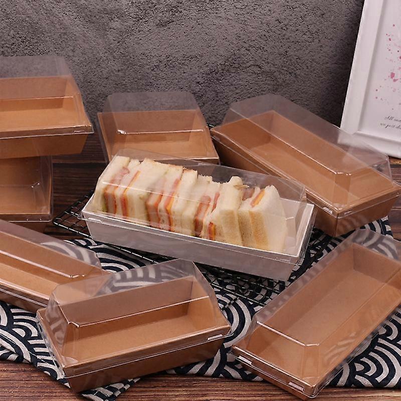 10pcs Rectangular Kraft Paper Box Packaging Sandwich Wrapping Boxes Cake Bread Snack Bakery Packing Box With Plastic Clear Lids