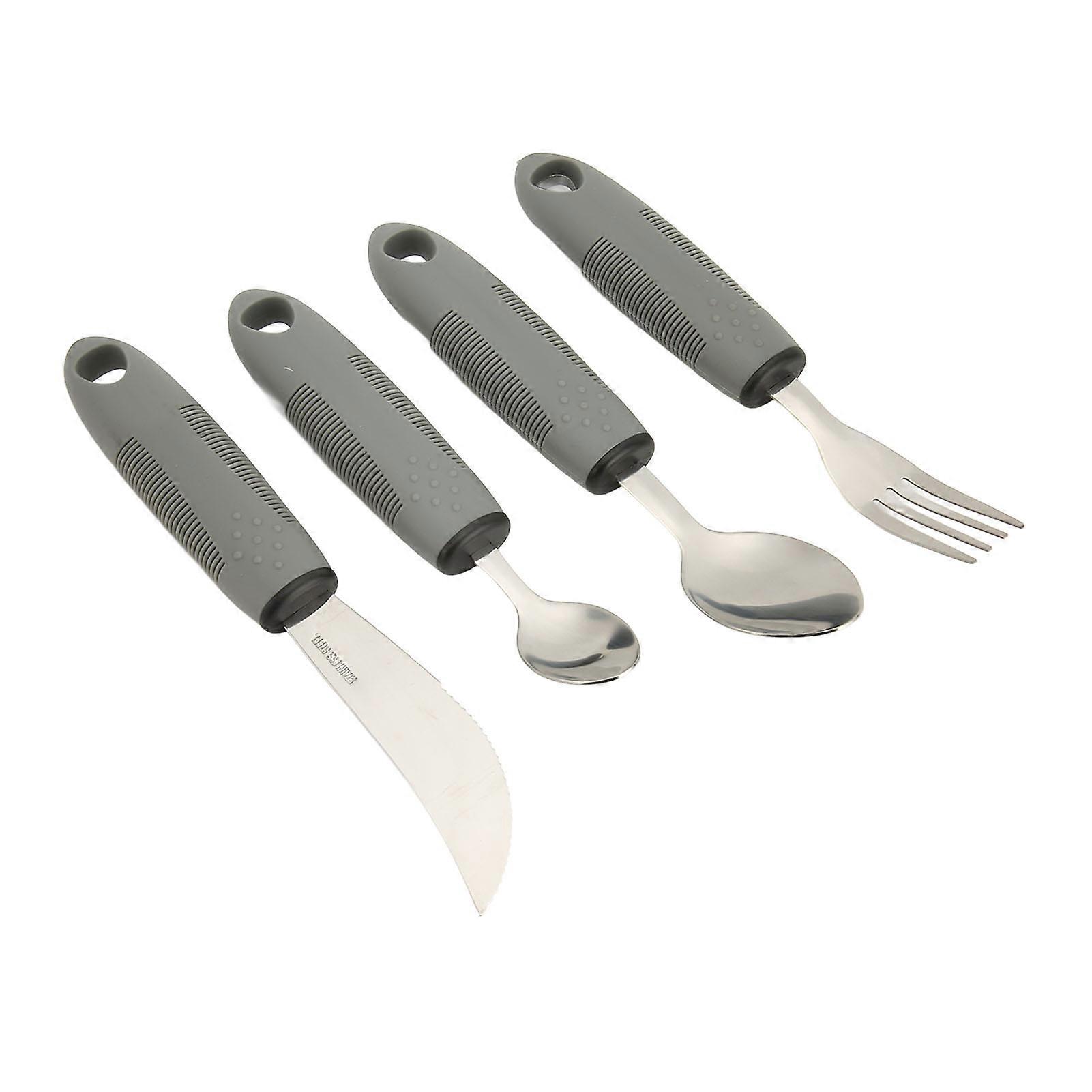4pcs Adaptive Utensils Knife Fork Spoons Weighted Wide Handles Grey Easy Grip Elderly Utensils