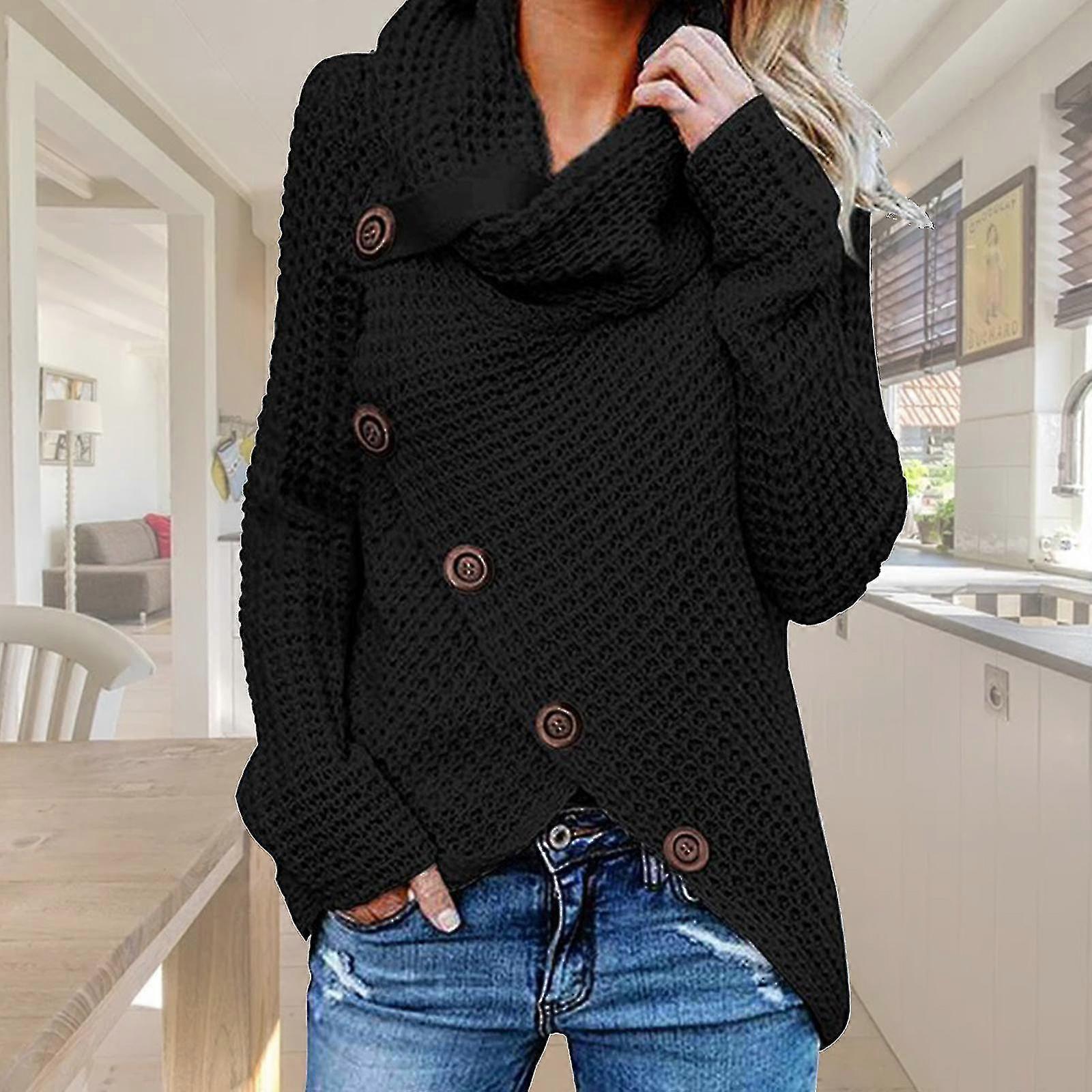 Kvinner Vinter Høst Langermet Pullover Topper Turtleneck Skrå Knapper Vaffel Strikket Genser