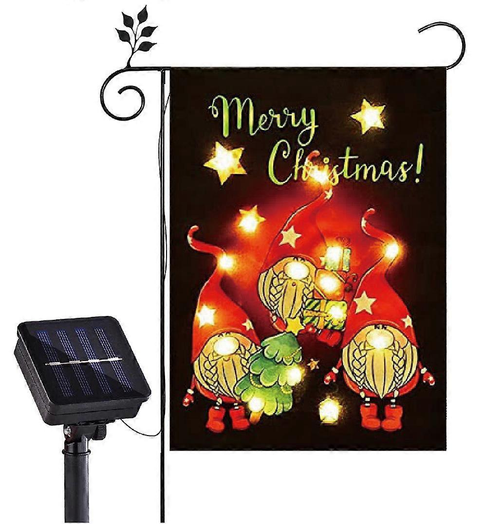 Christmas Gnome Burlap Garden Flag With Lights - Solar LED Flags Banner
