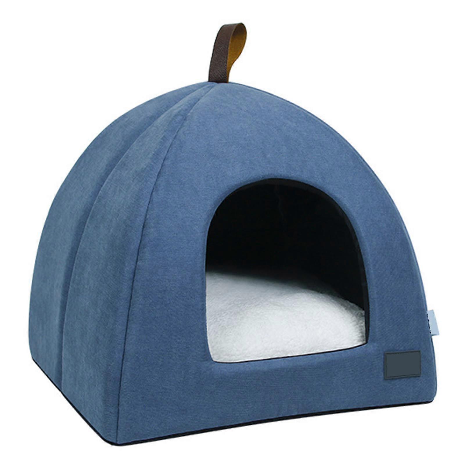 Foldable Cat Bed Breathable Cat House Indoor Pet Tent Dog Bed with Mat (Blue, Size M)