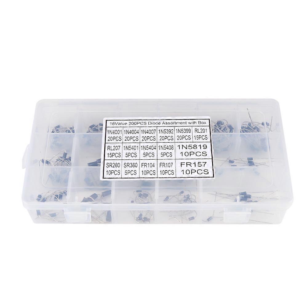 200pcs 16Values Rectifier Diode Assortment Electronic Kit 1N4001~FR157 with Storage Box