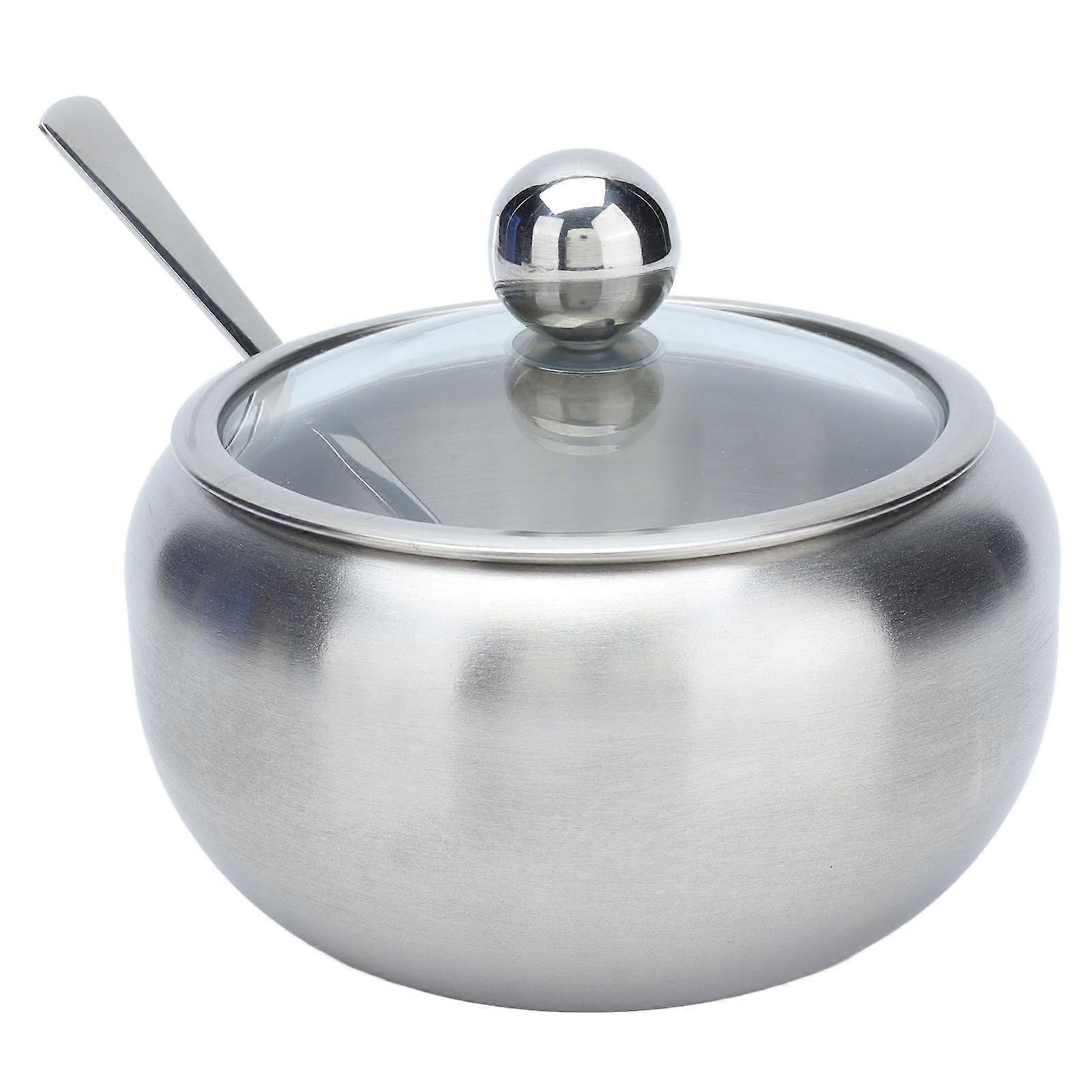 Sugar Bowl Stainless Steel Clear Lid Glossy Inbuilt Spoon Durable Rustproof Oxidation Resistance Sugar Container
