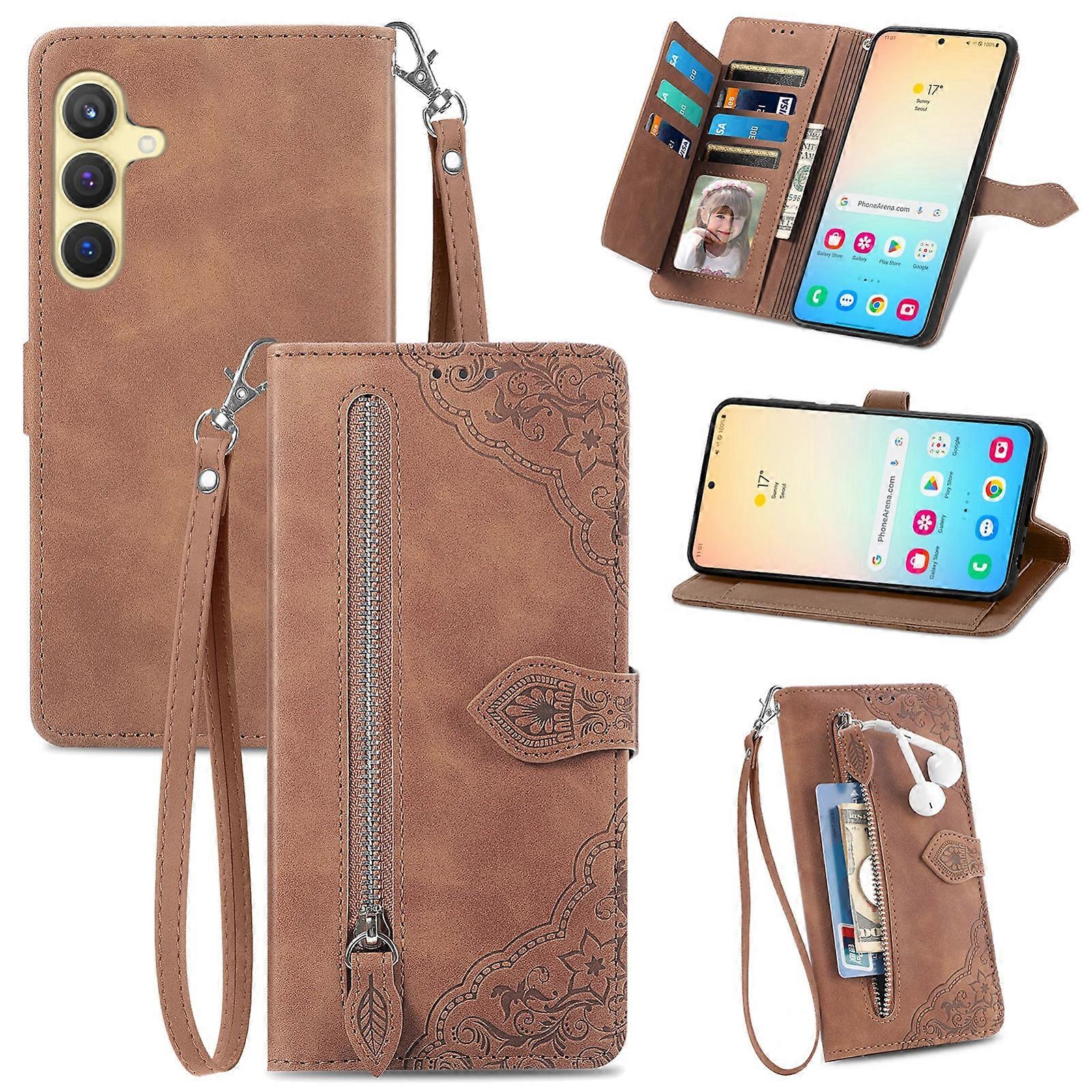 Embossed Flower Zipper Leather Phone Case