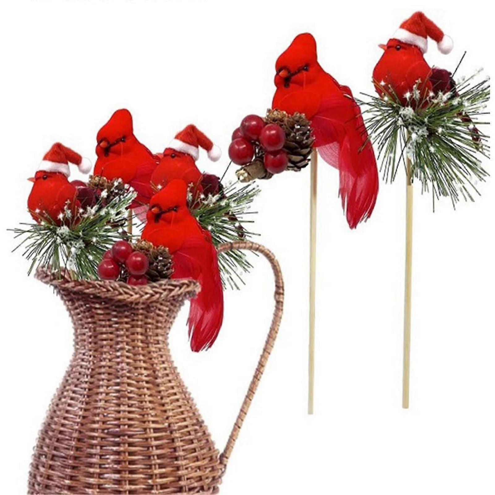 4 Pcs Artificial Red Cardinal Birds on a Wooden Stick Christmas Tree Ornament Decorations