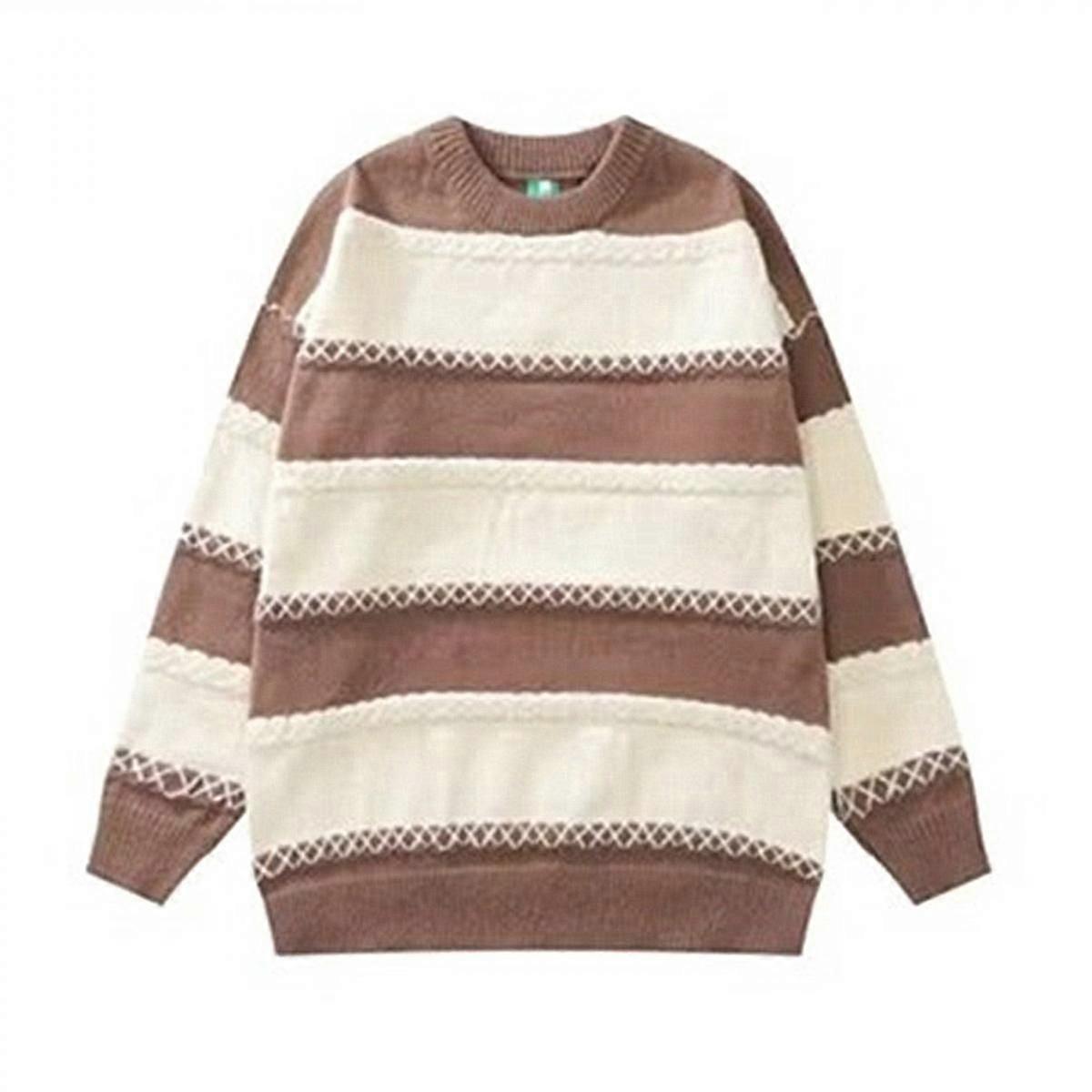 Women's Stripe Drop Shoulder Long Sleeve Round Neck Pullover Sweater Tops