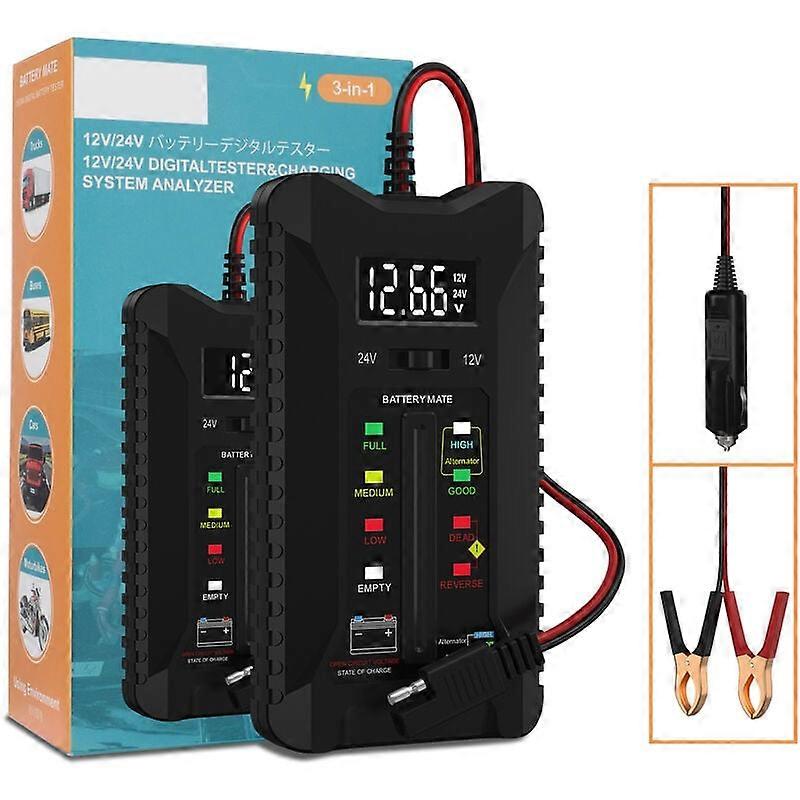 12V/24V Battery Tester, Voltmeter, Charging System Analyzer with LCD Display and LED Display, Cable Length 23.6inch