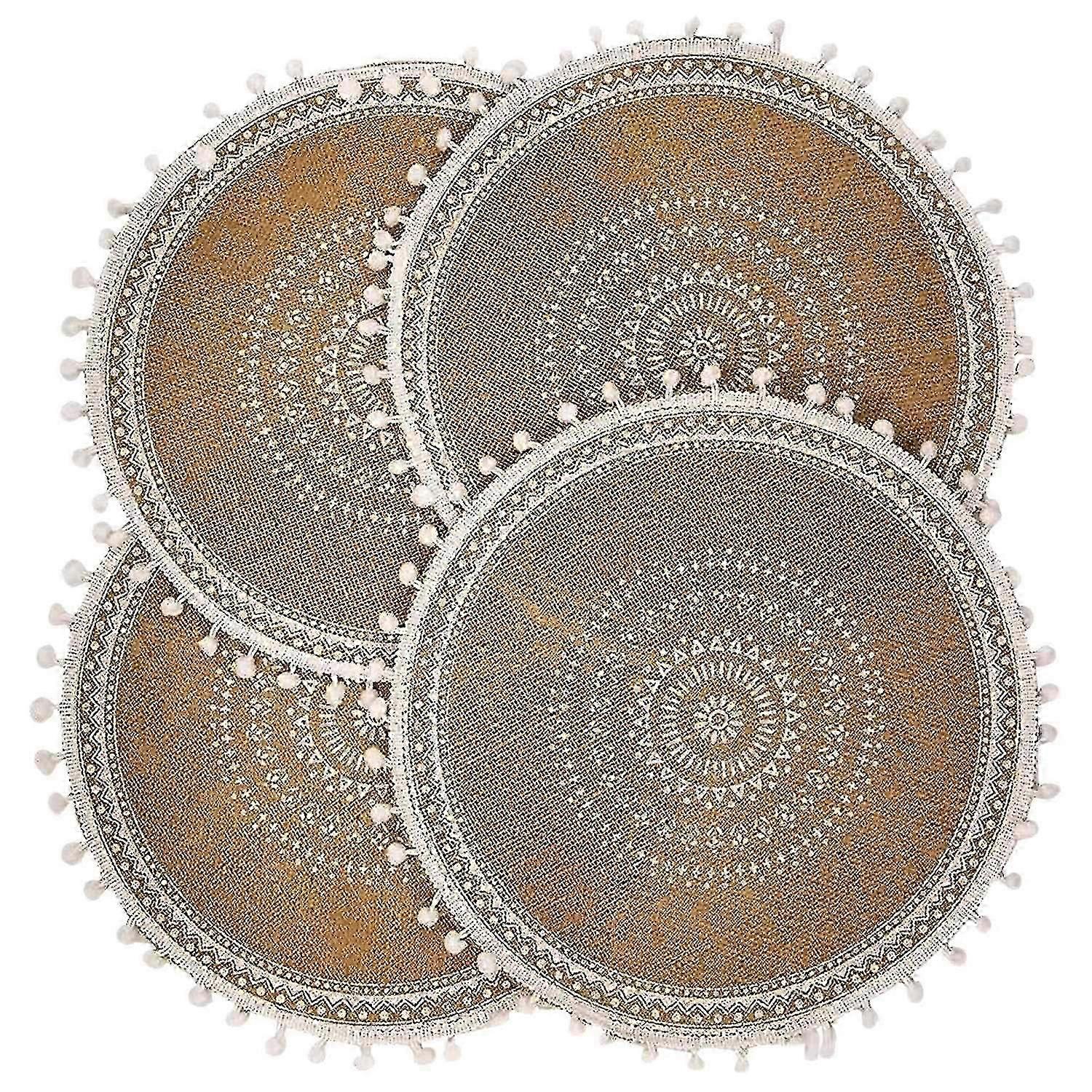 Round Placemats Set Of 4,boho Woven Jute Table Mats With Pompom Tassel For Dining Room Kitchen Tabl (haoyi