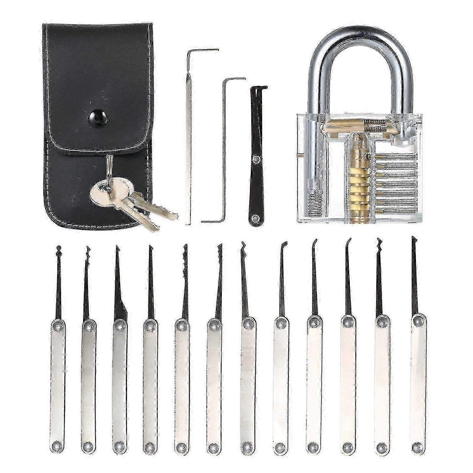 Transparent 15pcs Lock Picking Set Kit Tool With Transparent Practice Training Padlock Lock For Locksmith Beginners And Professional