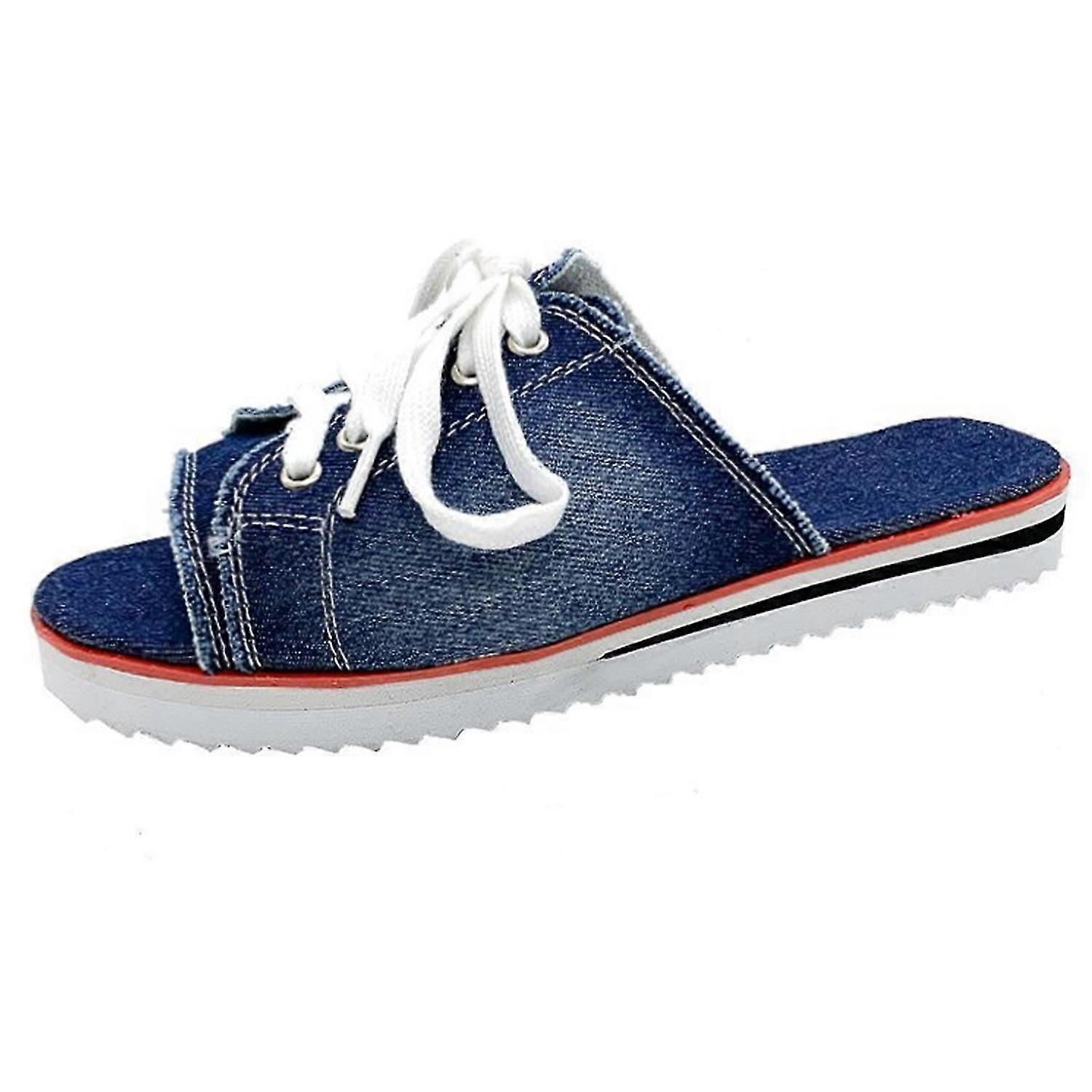 Women's Denim Open-Toe Flat Slippers Summer Casual Lace-Up Non-Slip Comfortable Platform
