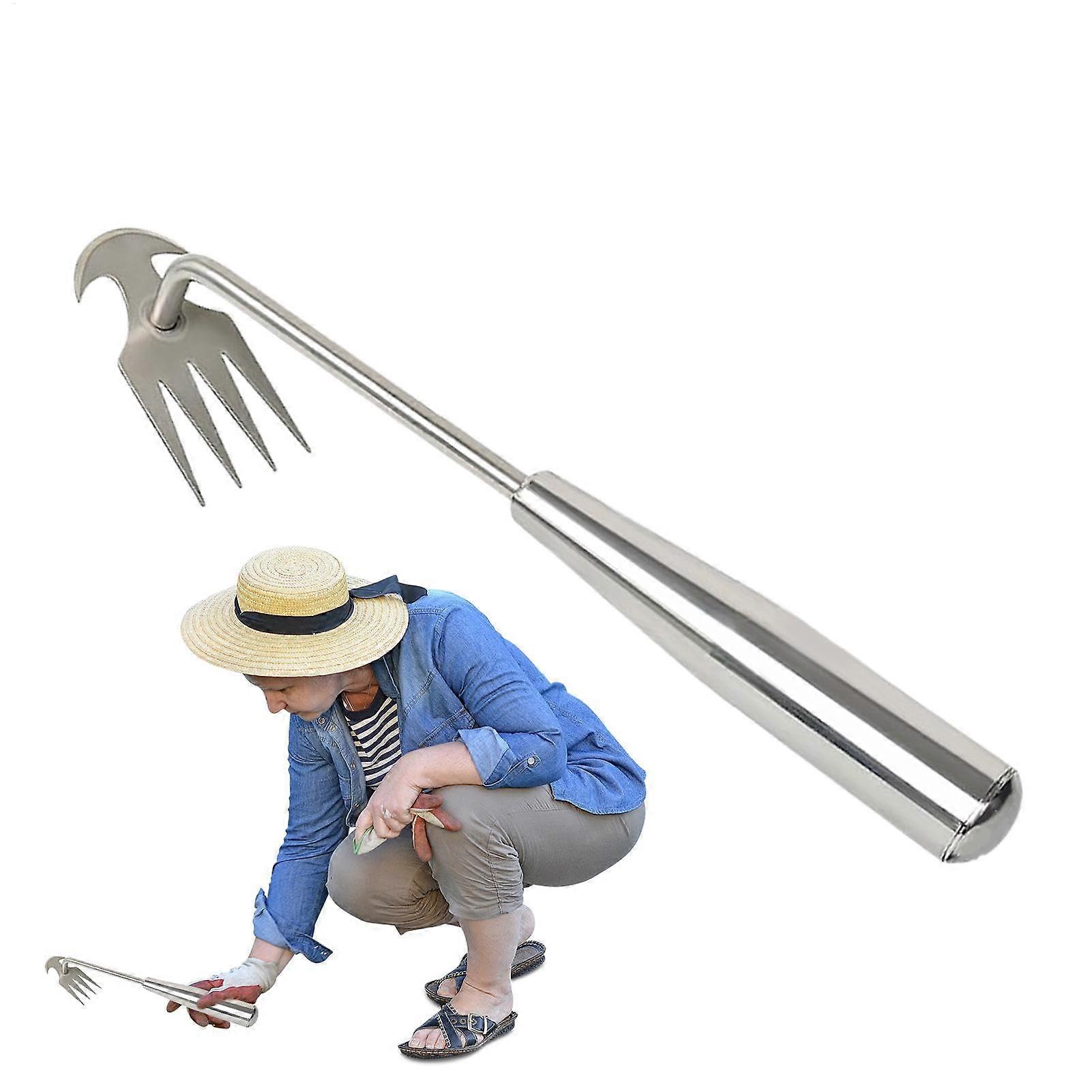 Grass Puller Hand Tool Stainless Steel 4 Tooth Crabgrass Remover With Removable Handle 30 Cm For Yards Garden Farm