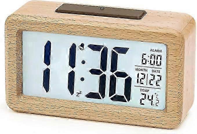 Digital Alarm Clock, Wooden Bedside Clock with Large LCD Backlight Display, Temperature, Snooze Function, Brightness Sensor, Powered by 3 AAA Batterie