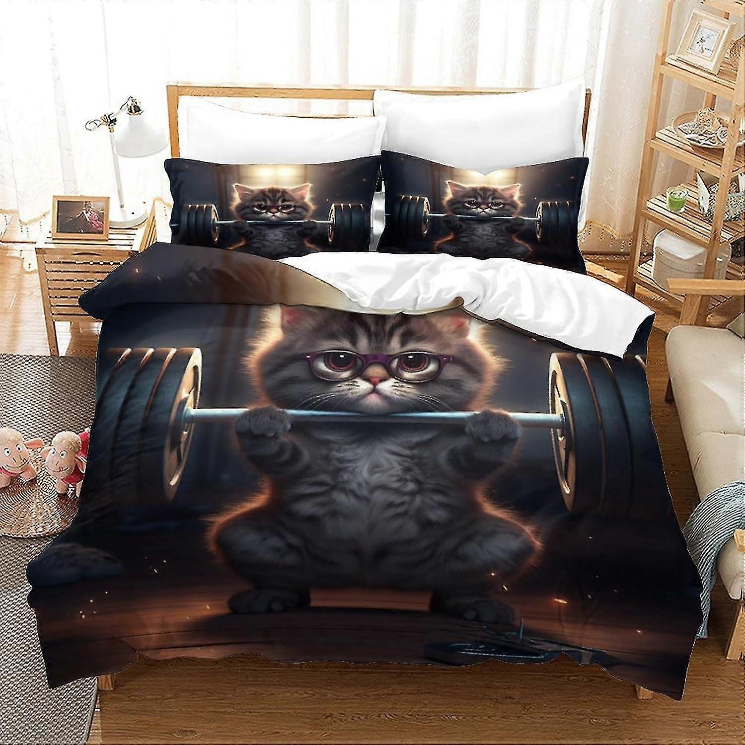 Fitness Enthusiast Cat Printed Duvet Cover Set for Boys, 3 Piece Bedding Set with 2 Pillowcases