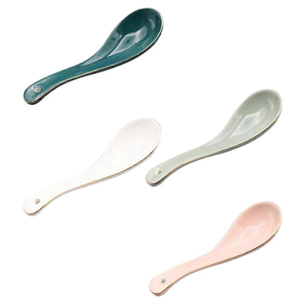 Ceramic Soup Spoons with Comfortable Handle for Kitchen Tableware Assorted Color 4Pcs