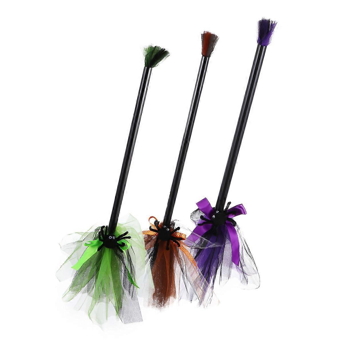 Halloween Prop Broom Orange for Indoor Decorations and Parties 3Pack