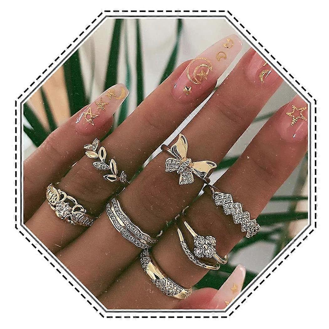 Boho Butterfly Finger Rings Set for Women - Gold Rhinestone Knuckle Rings with Crystal Accents (7 Pieces) SET-003