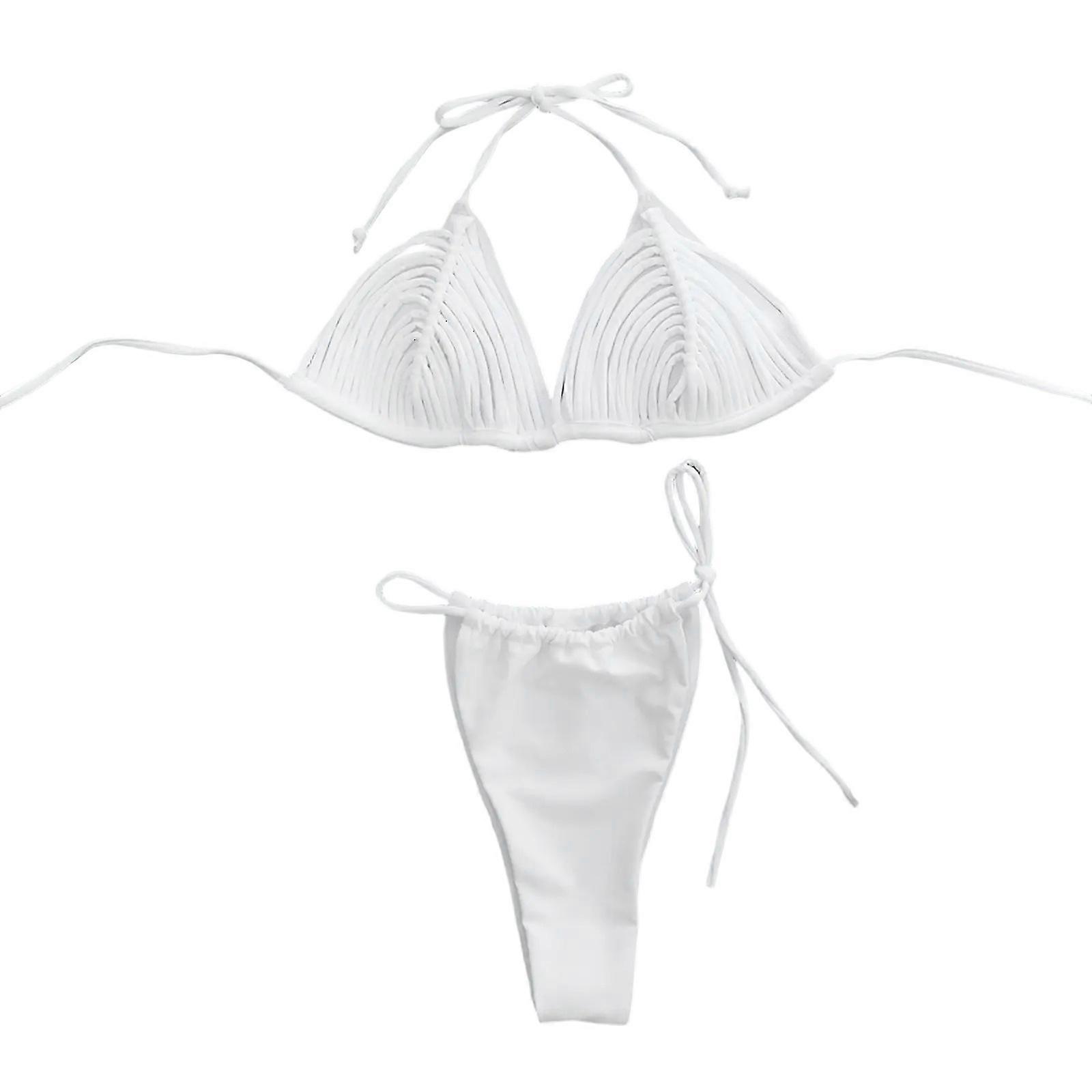 Women Halterneck Thong Swimsuit Set Triangular String Bathing Suit Ladies Triangular Swimwears Low Waist Thong Briefs White S