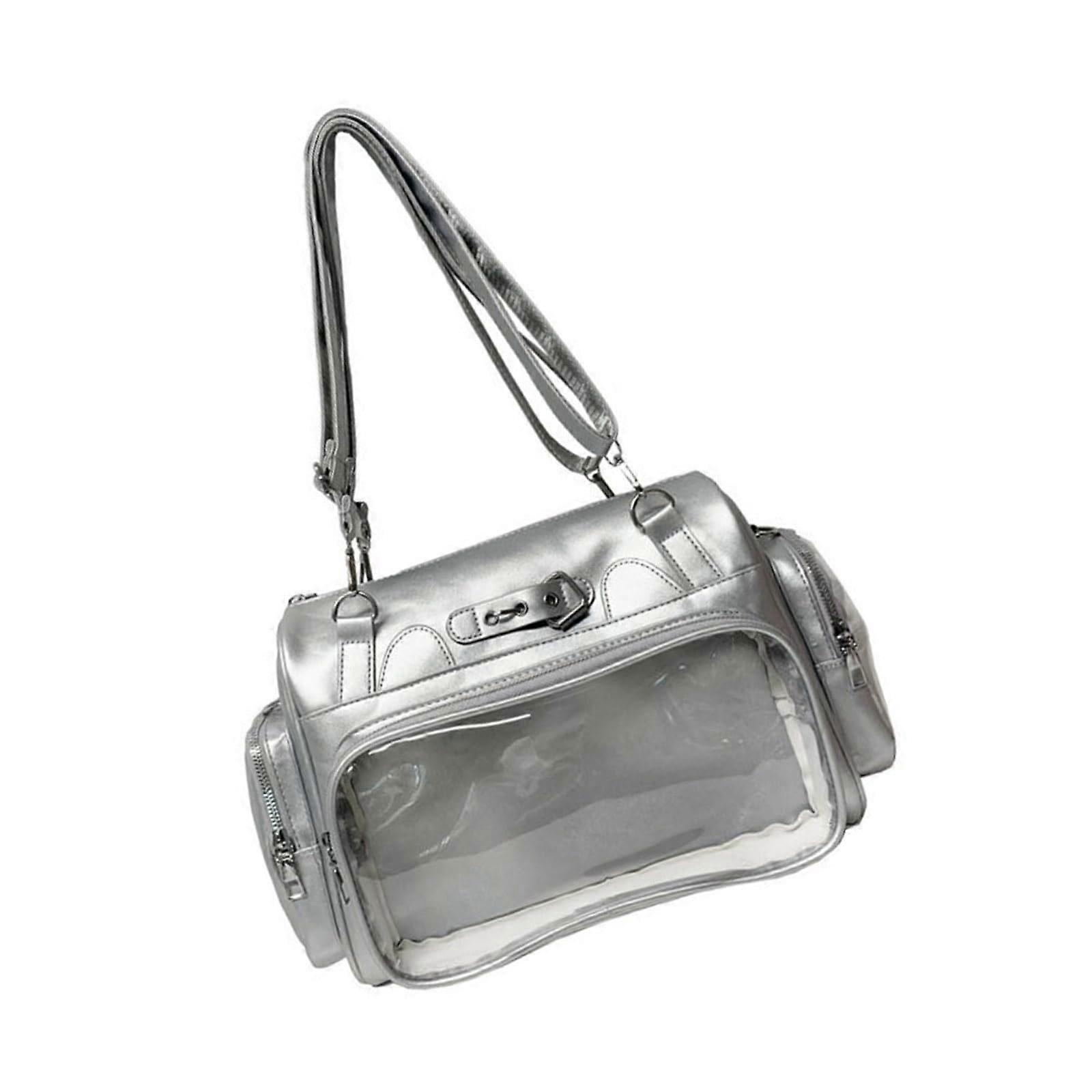 Japanesestyle school crossbody bag, polyurethane, for anime fans, with multiple pockets, shoulder bag, fashionable backpack for students, silver.
