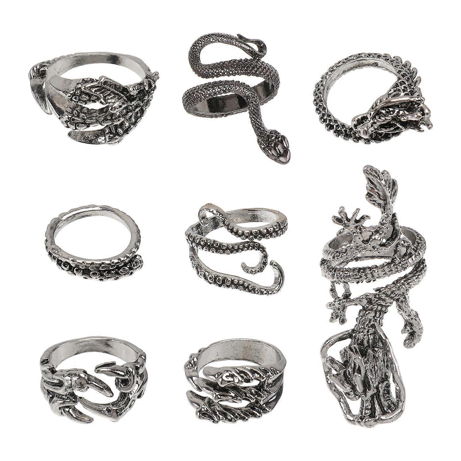 Dragon Finger Decor 8Pcs Adjustable Opening Retro Rings For Daily Wear And Gift Giving In Black Color