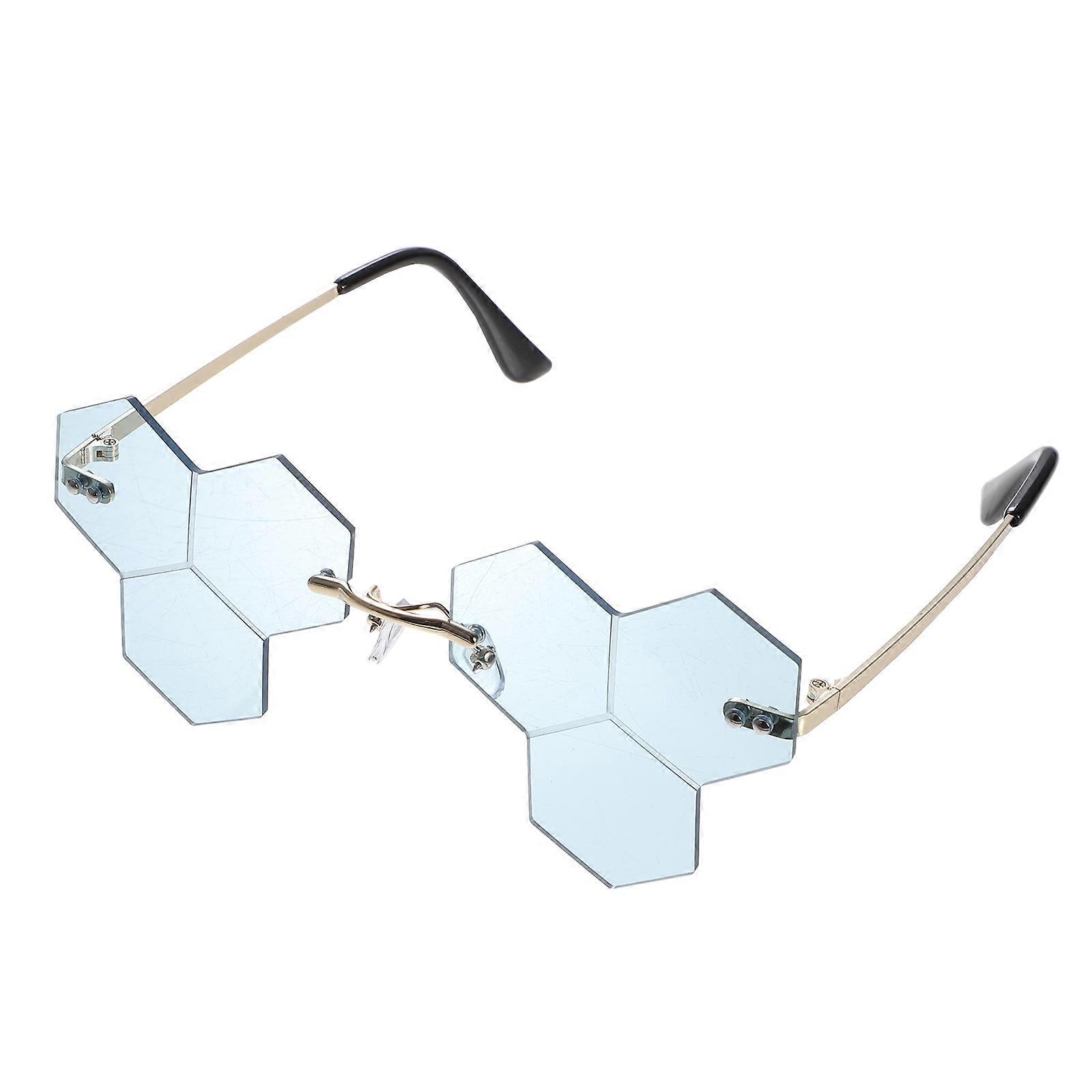 Frameless Fashion Eyeglasses for Unisex Party Costume Festival Photoshoot Lightweight Durable Creative Irregular Design Blue Lens Gold Frame