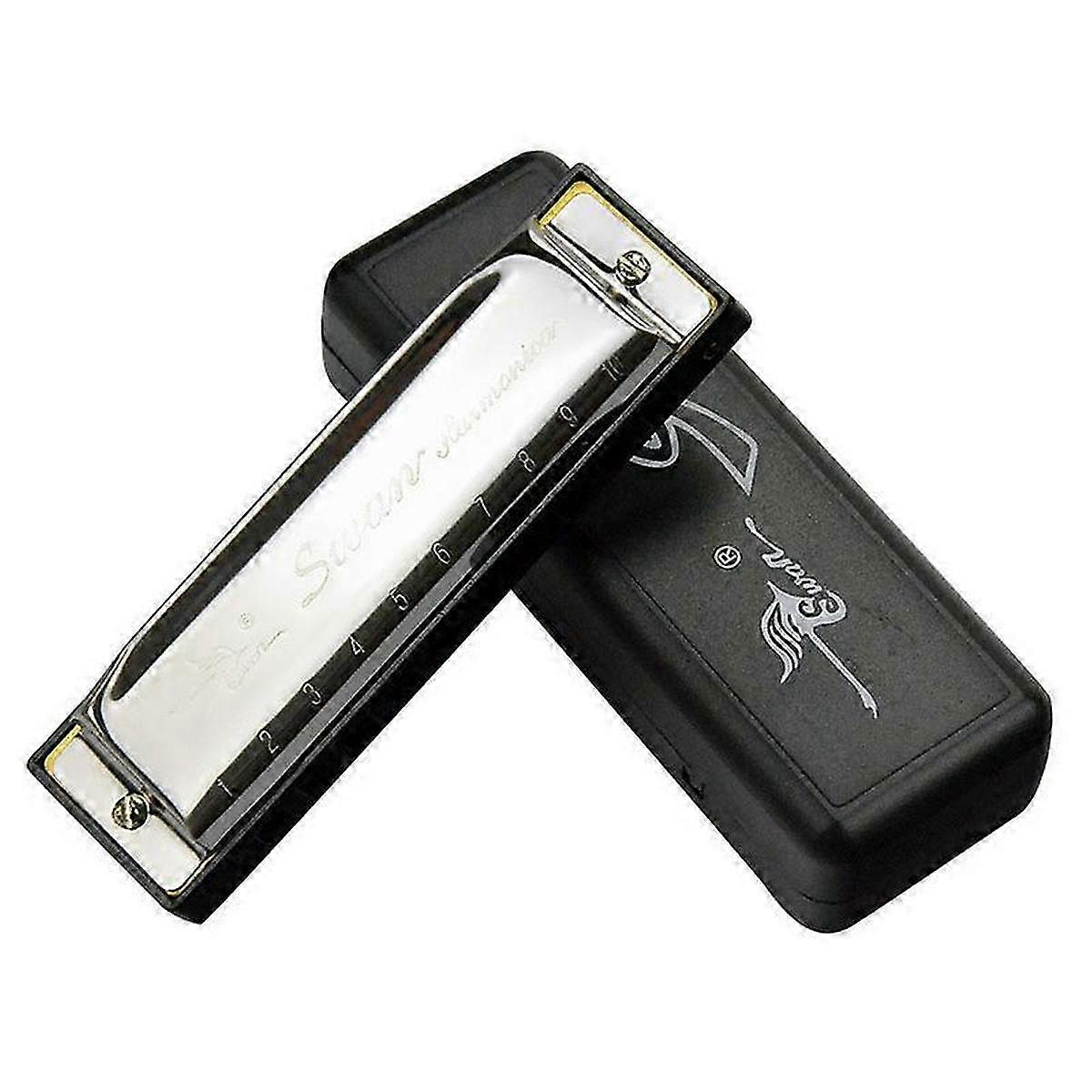Swan Harmonica 10 Holes Key of C SILVER w/ Case Harp Stainless Steel