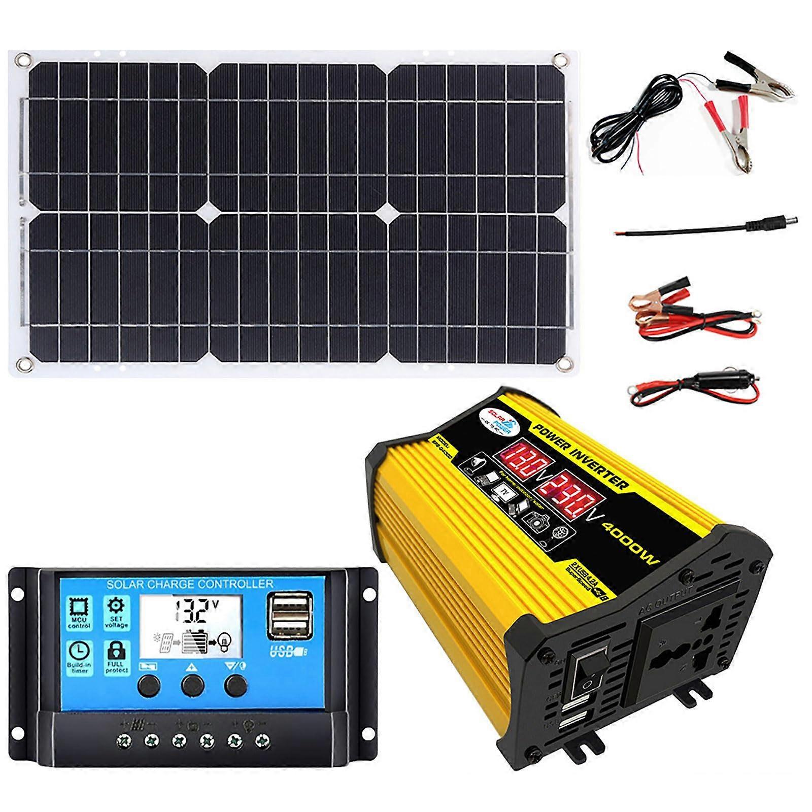 1Set 4000W OffGrid Solar Inverter Kit With Dual 18W Monocrystalline Panels, 30A Charge Controller, RV/Boat/Home Use