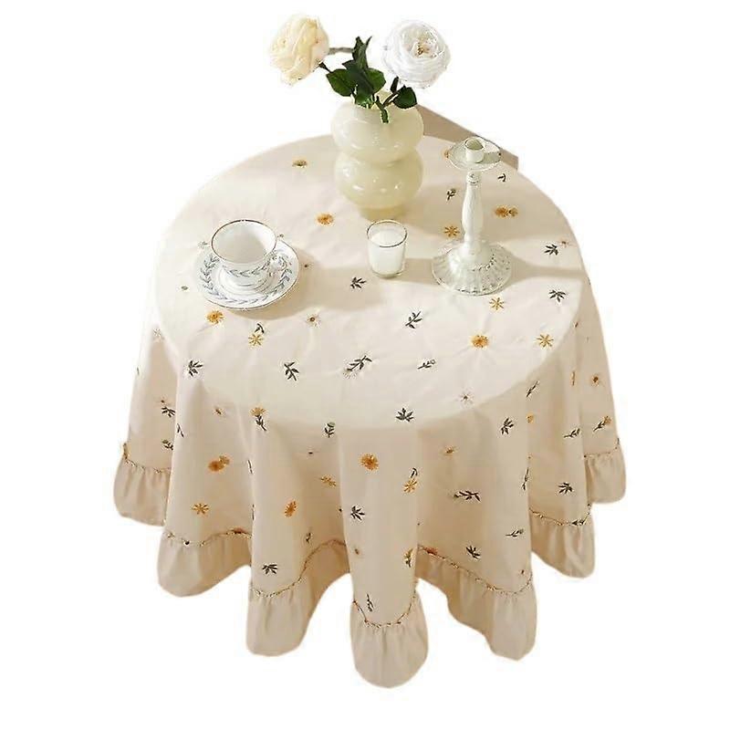 Tablecloth Round 150cm Cotton Apricot Embroidered Flower Border Pleated Lotus Leaf Edge For Round Coffee Table