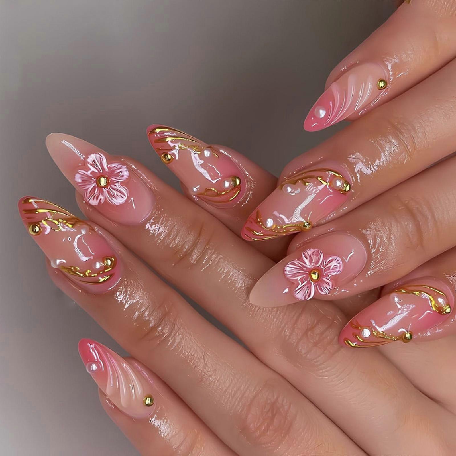 French Tip False Nail Watercolor Floral Pattern ABS Material Easy Application For Special Event Multicolor