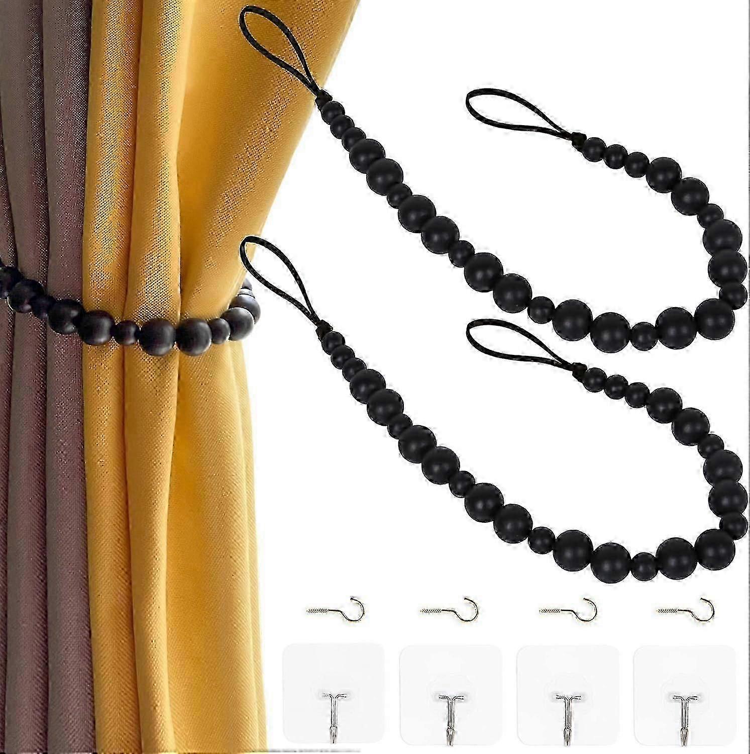 Boho Wood Bead Curtain Tiebacks for Stylish Window Dressing in Black, Set of 2 with Hooks