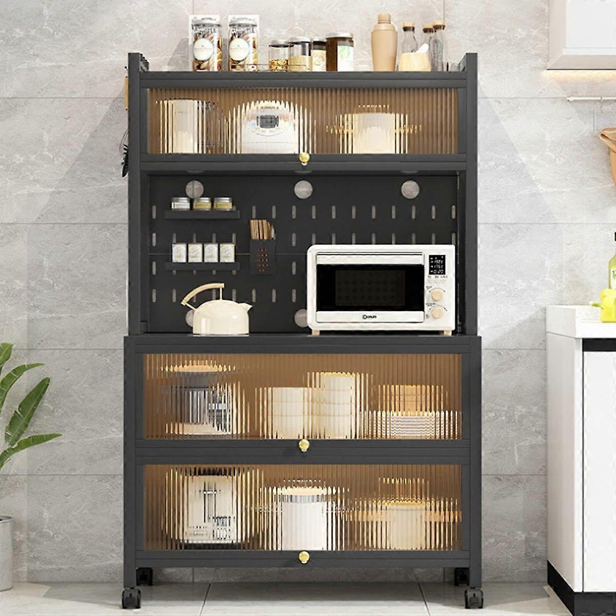5-Tier Kitchen Bakers Rack with Flip Door, Black Microwave Stand and Pots Cabinet, Rolling Cart for Dining Room and Study, 70cm/26"