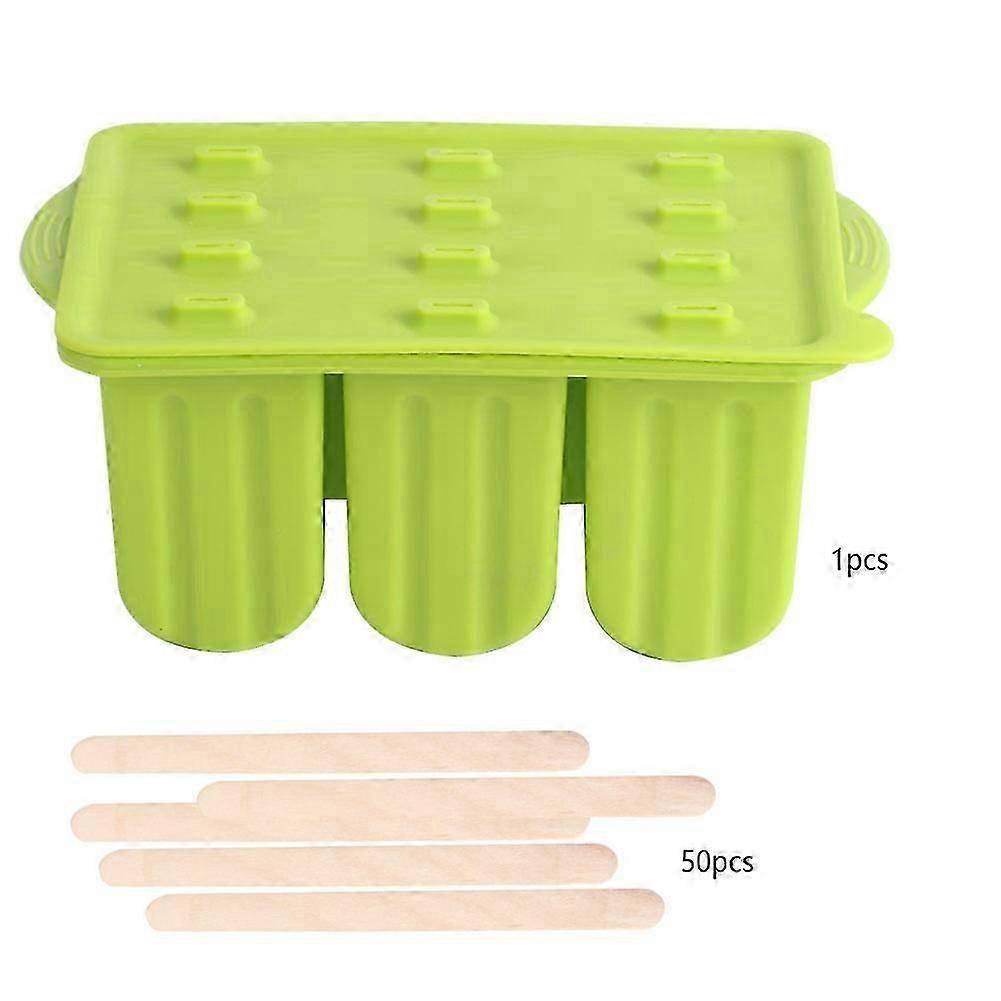 12-Grids Food Grade Silicone Ice Cream Mold Maker Making Tool with Cover and Ice Cream Sticks,Green