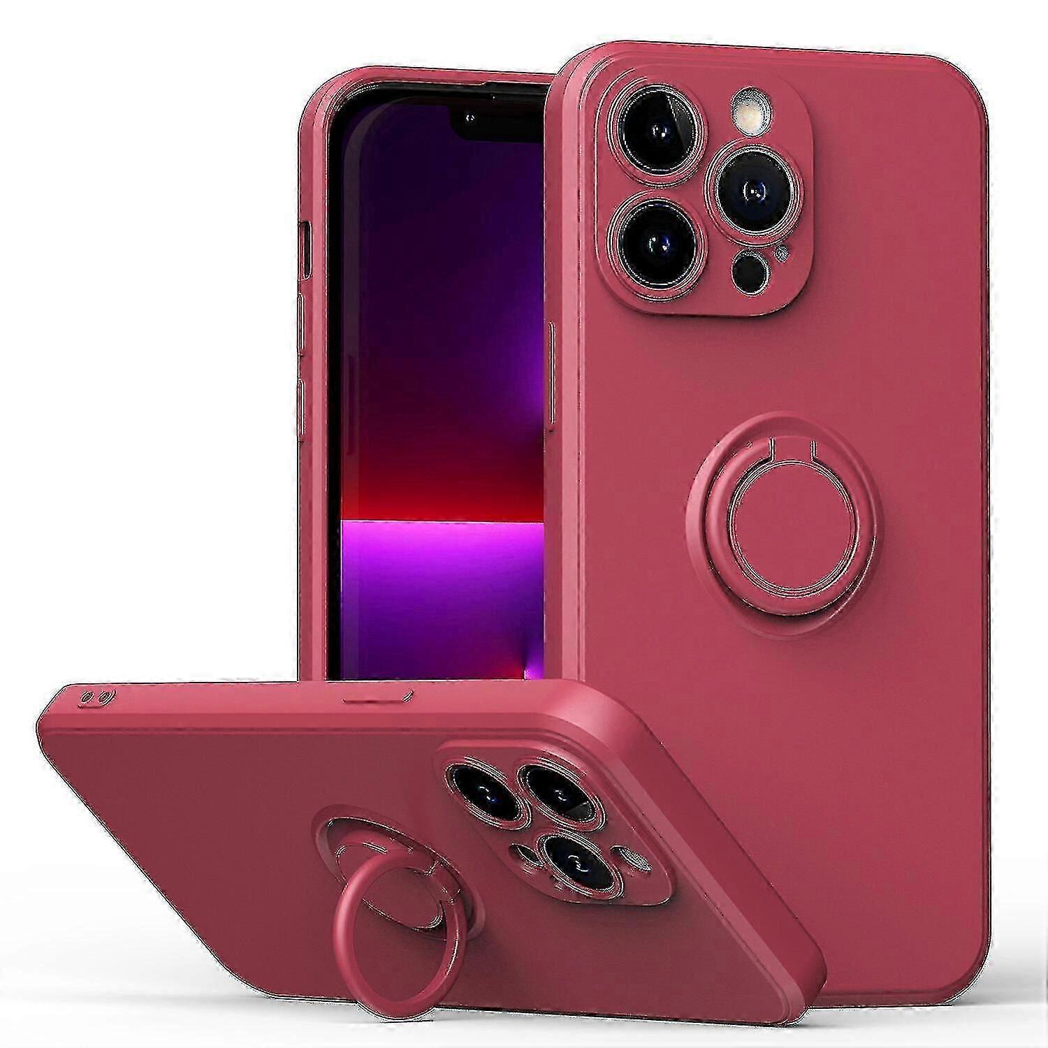 Simple Color Phone Case For Iphone 14 Pro With Ring Stand, Metal Plate For Magnetic Charging, Shock Absorption Design, 360 Rotating Stand