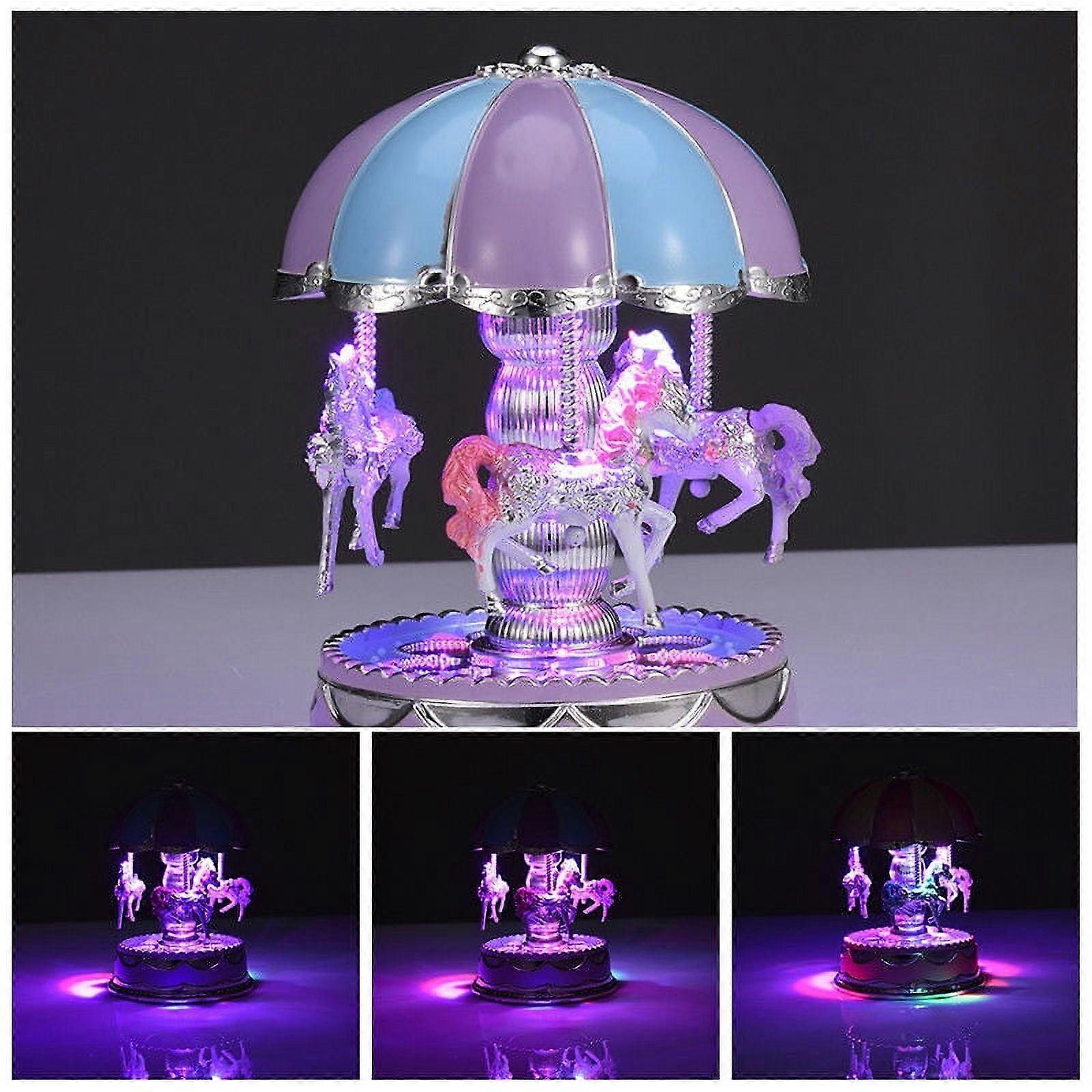 Luxury Carousel Music Box 3 Horses Rotate LED Light Luminous Rotation (Purple)