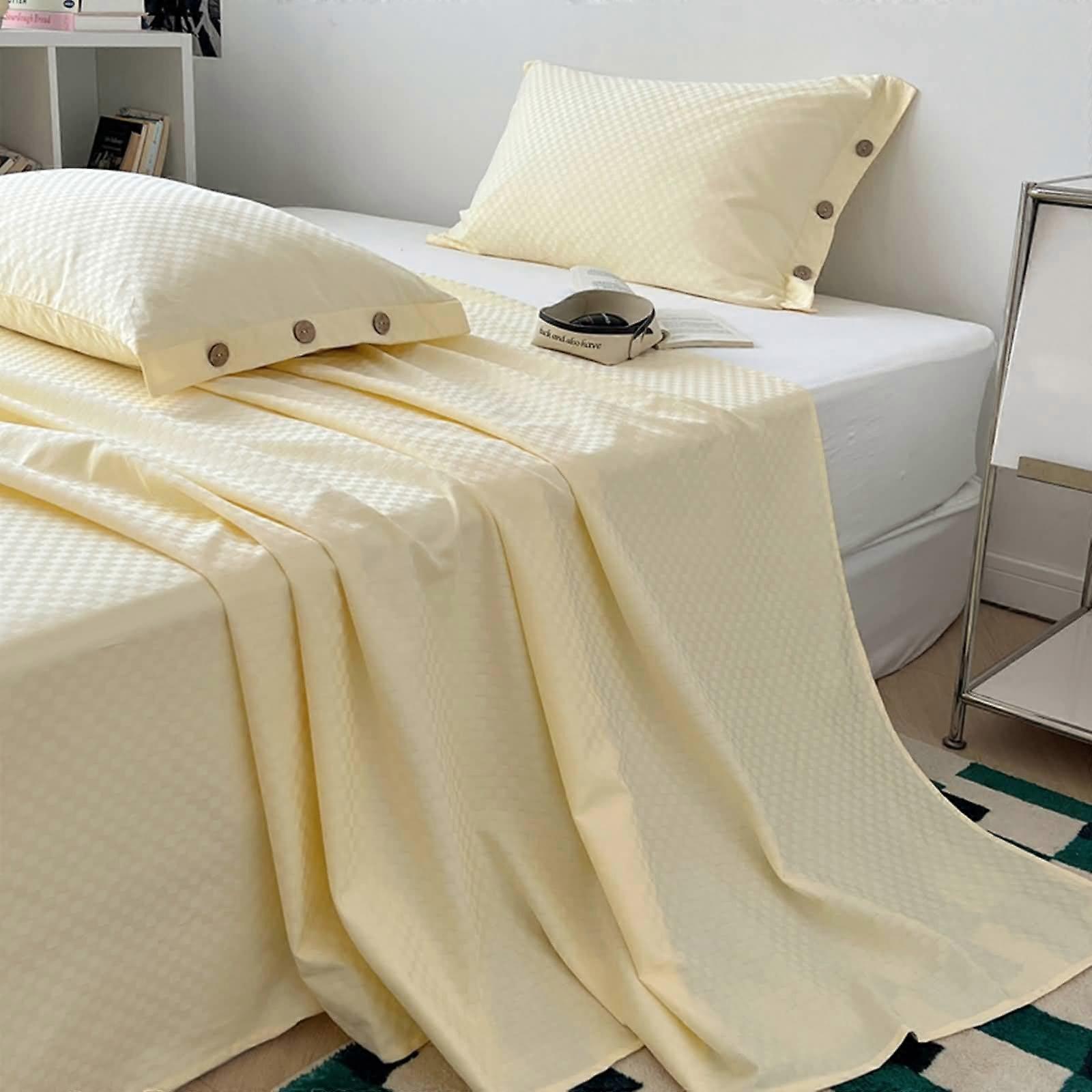 Cotton Flat Sheets Only  Checkered Textured Flat Bed Sheet, Mattress Protector, Light Yellow, Super King 200x230cm