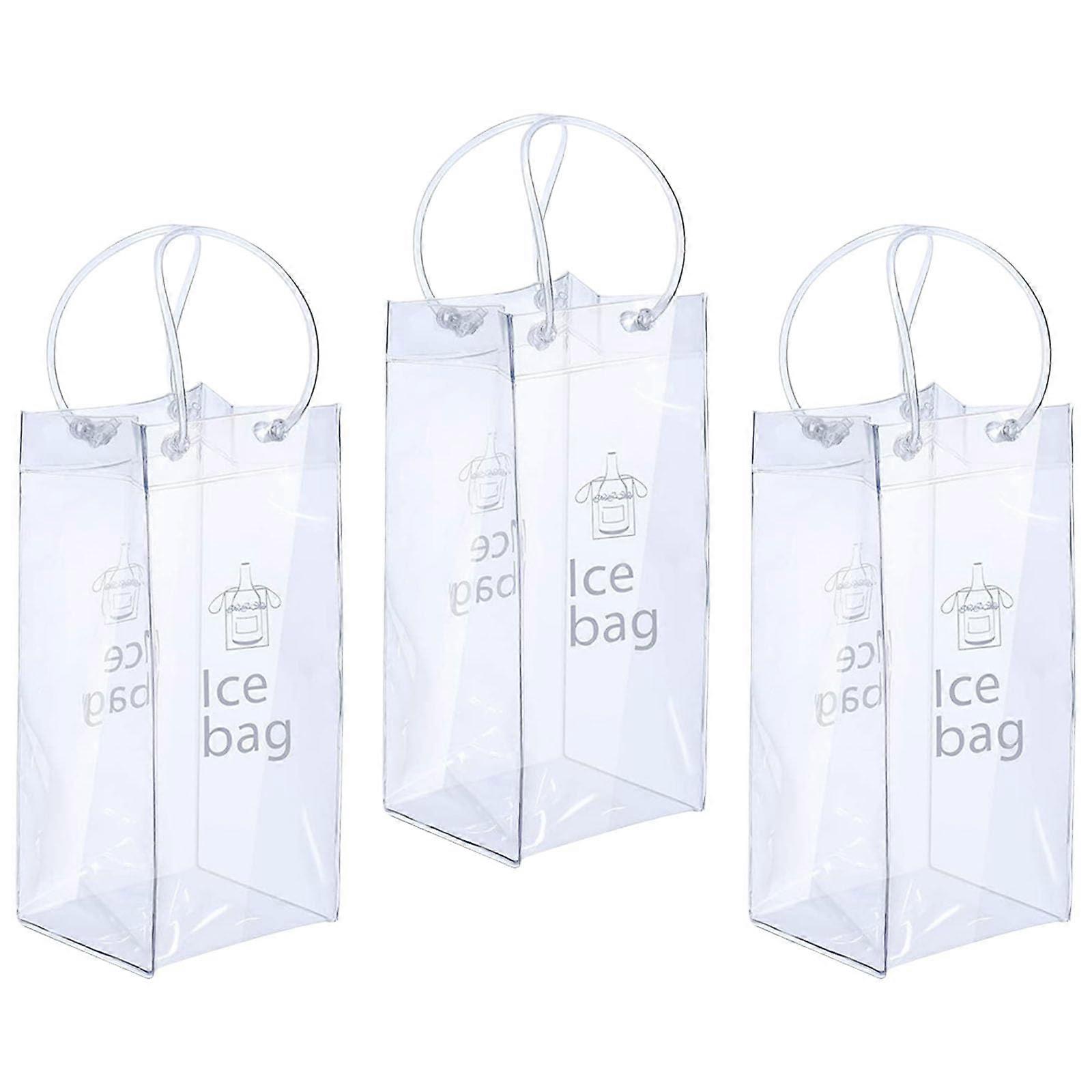 Set of 3 Clear PVC Wine Cooler Ice Bags with Handle, Leakproof Reusable for Champagne, Beer and Drinks