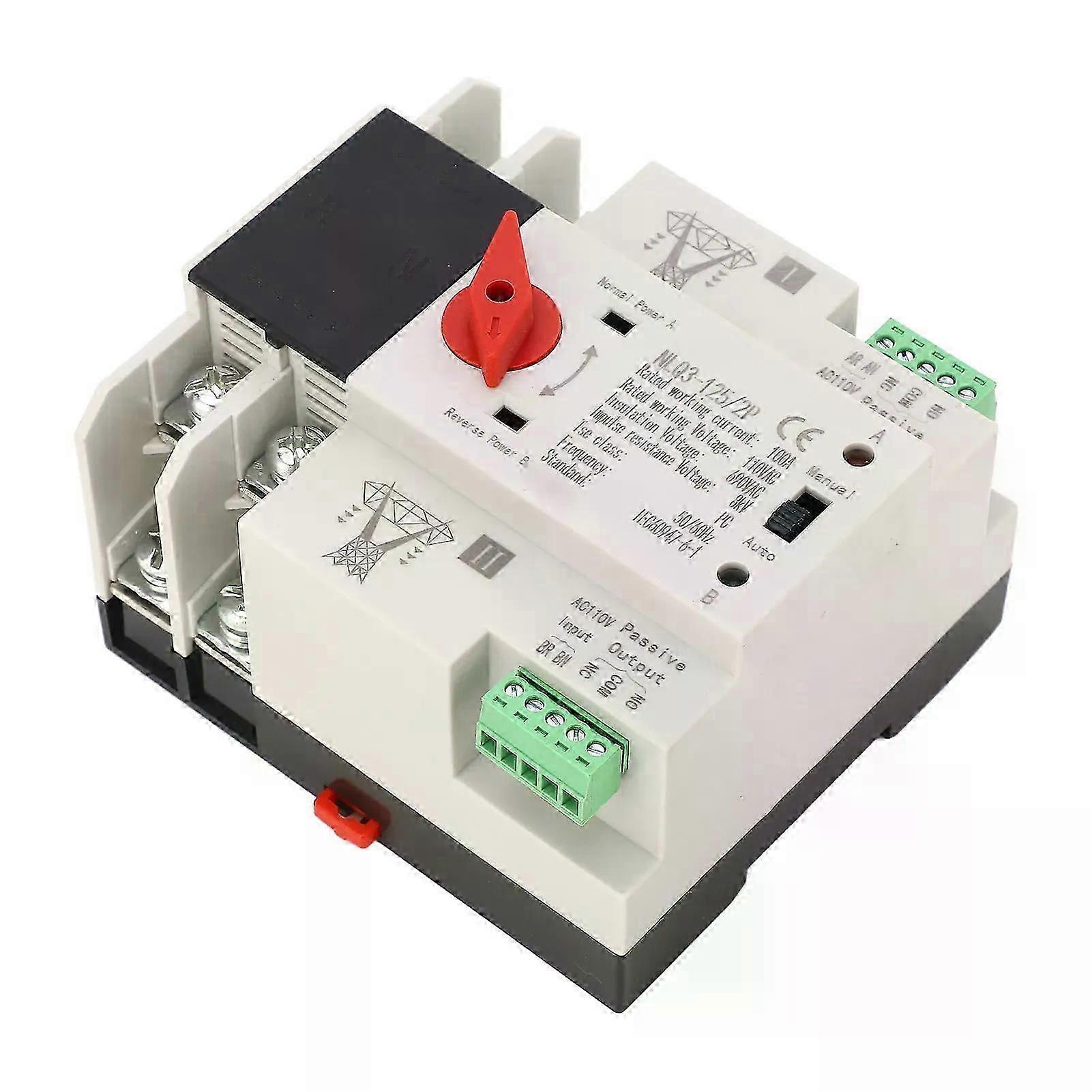 Power Automatic Transfer Switch 35mm Rail Mounting 2P ATS Generator Transfer Changeover Switch AC 110V 100A