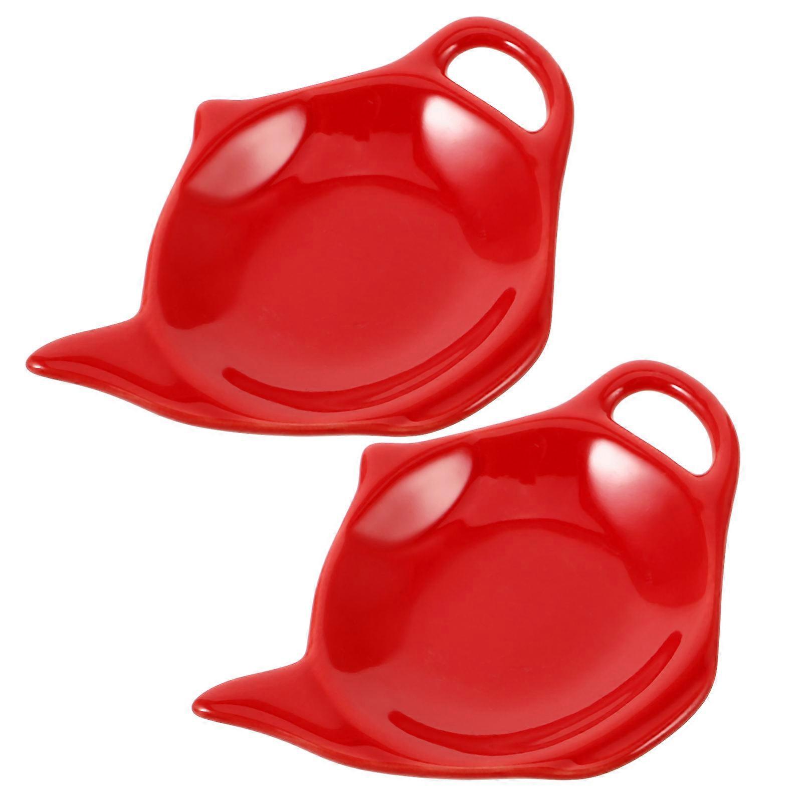 Ceramic Tea Bag Holder for Storage 2Pcs Red Teapot Shape Kitchen Accessory